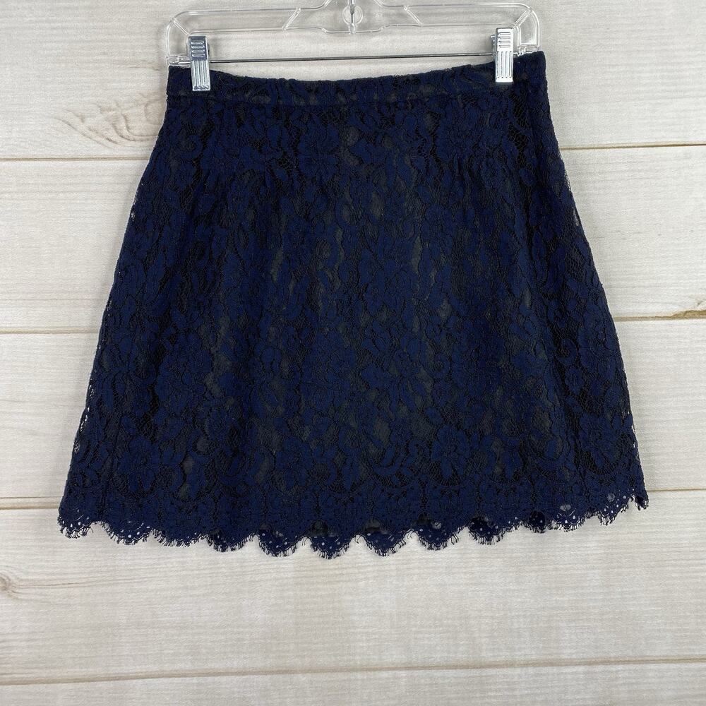 J.Crew Mini Skirt Sz 2 Navy Blue Lace Overlay Lined Side Zip Floral Scalloped